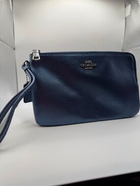 Coach Navy Pebbled Leather Wristlet with Silver Hardware